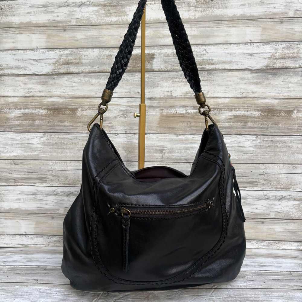 The Sak Indio Demi Leather Hobo Bag Purse Large Black Braided Strap Whipstitch